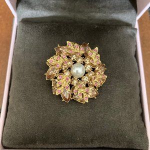 Gold Plated, Pink and Yellow Crystal with Pearl Brooch